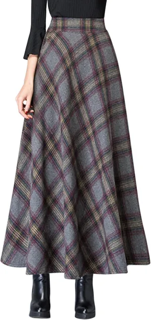 Women Skirt for Going Out Casual Spring High Elastic Waist Loose Trendy Plaid A-Line Long Skirts for Women Vacation