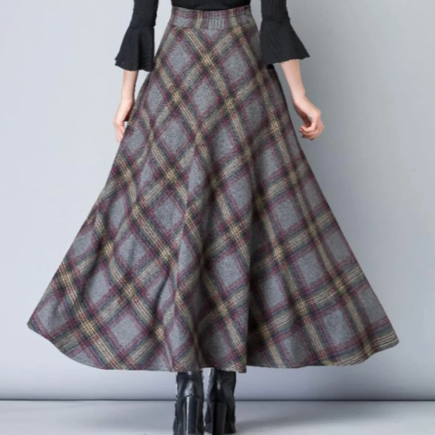 Women Skirt for Going Out Casual Spring High Elastic Waist Loose Trendy Plaid A-Line Long Skirts for Women Vacation