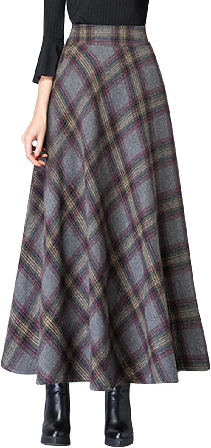 Women Skirt for Going Out Casual Spring High Elastic Waist Loose Trendy Plaid A-Line Long Skirts for Women Vacation