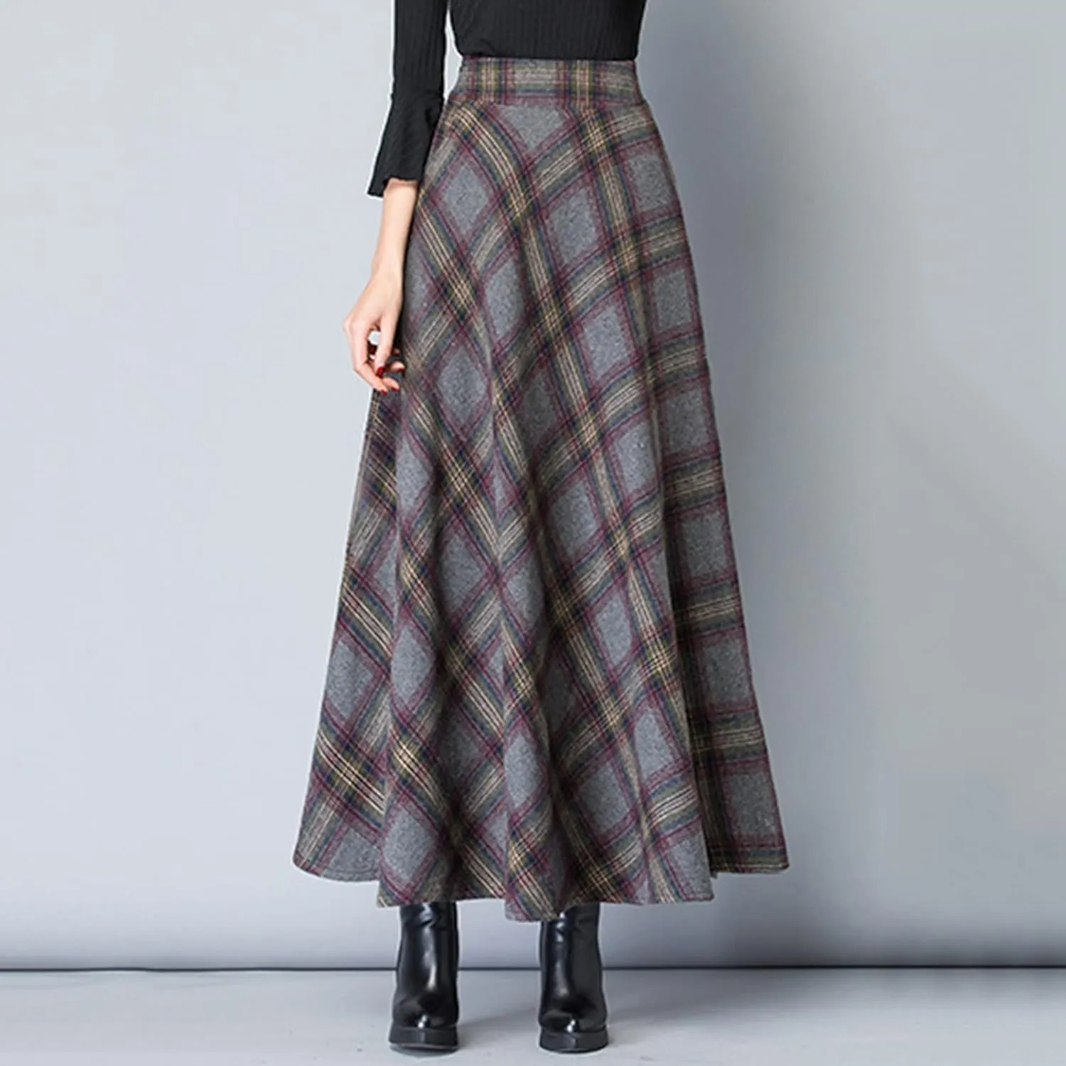 Women Skirt for Going Out Casual Spring High Elastic Waist Loose Trendy Plaid A-Line Long Skirts for Women Vacation