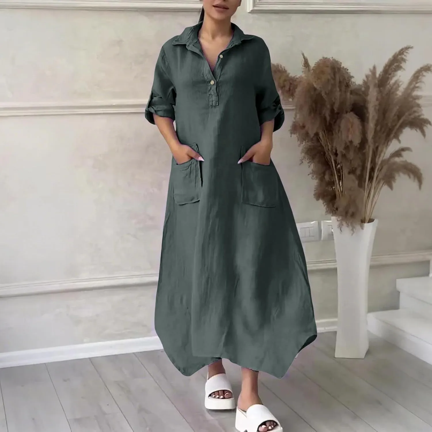 Women Solid Color Long Rolled Sleeve Dress Lapel Collar Button Casual Maxi Dress Loose Fit Basic Dresses with Pockets
