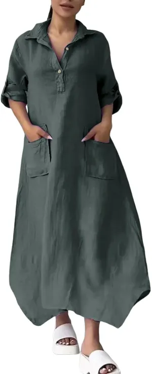 Women Solid Color Long Rolled Sleeve Dress Lapel Collar Button Casual Maxi Dress Loose Fit Basic Dresses with Pockets