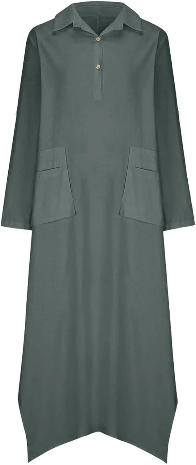Women Solid Color Long Rolled Sleeve Dress Lapel Collar Button Casual Maxi Dress Loose Fit Basic Dresses with Pockets