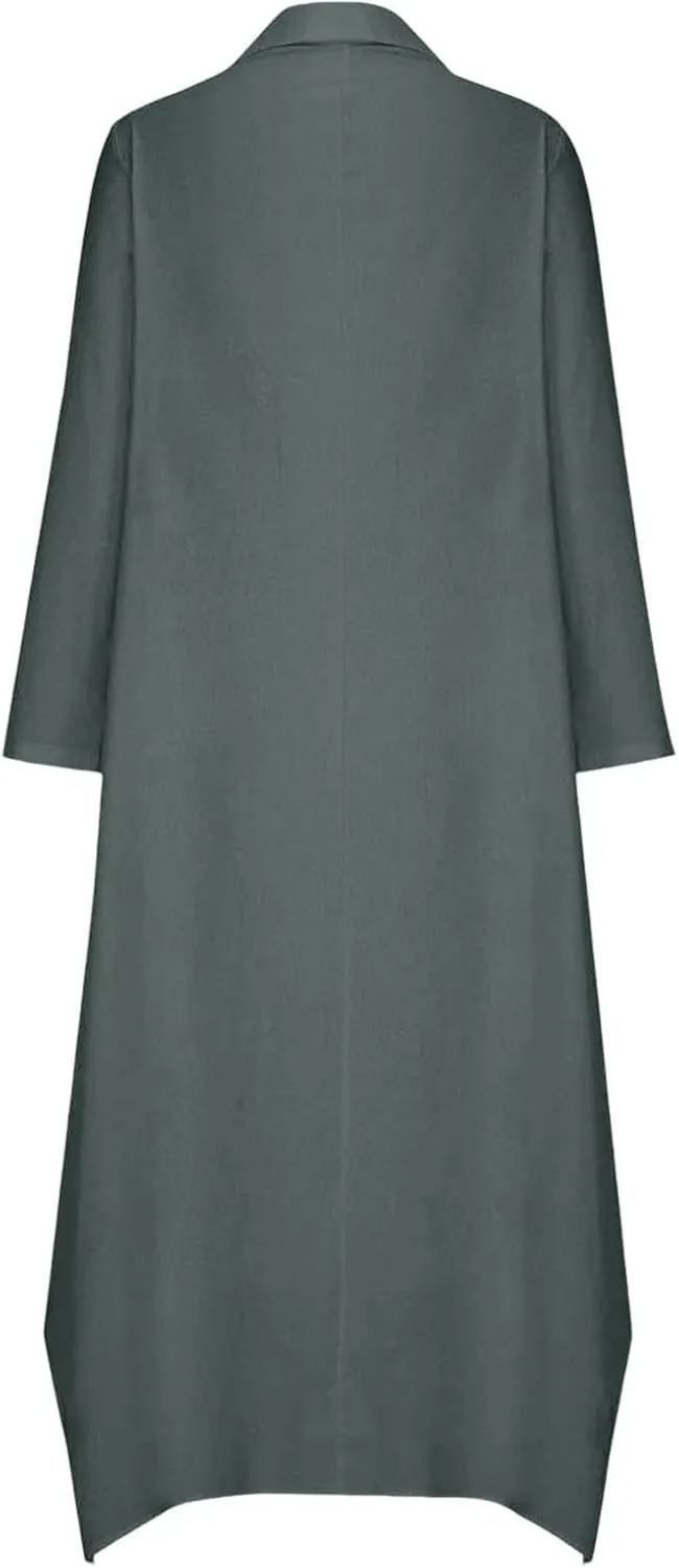 Women Solid Color Long Rolled Sleeve Dress Lapel Collar Button Casual Maxi Dress Loose Fit Basic Dresses with Pockets