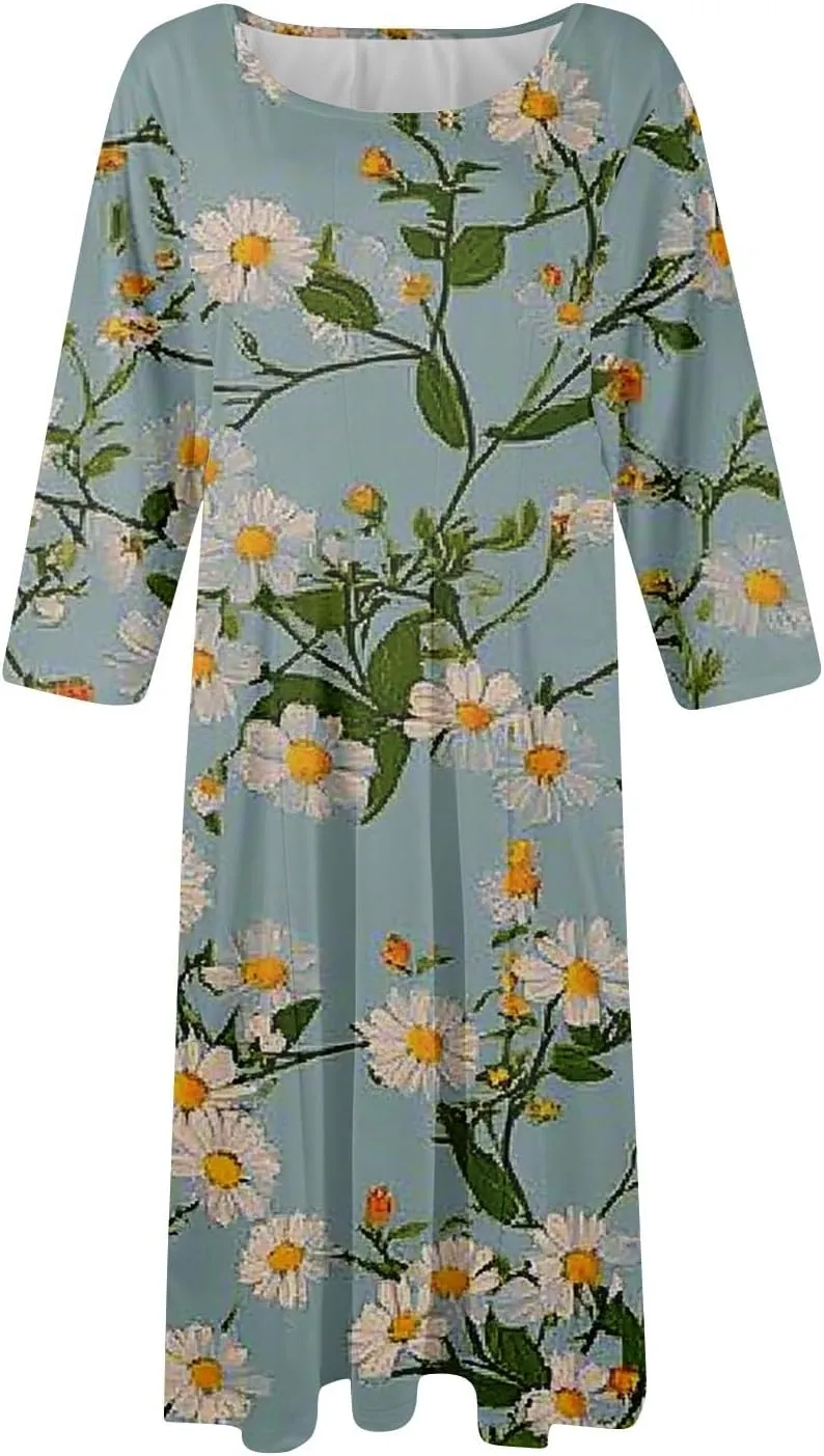 Women Spring Dresses Crewneck 3/4 Sleeve Midi Dresses Floral A Line Dress Summer Flowy Beach Dress with Pocket