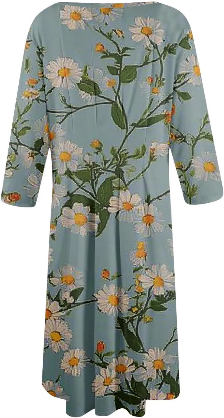 Women Spring Dresses Crewneck 3/4 Sleeve Midi Dresses Floral A Line Dress Summer Flowy Beach Dress with Pocket