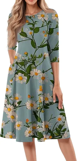 Women Spring Dresses Crewneck 3/4 Sleeve Midi Dresses Floral A Line Dress Summer Flowy Beach Dress with Pocket