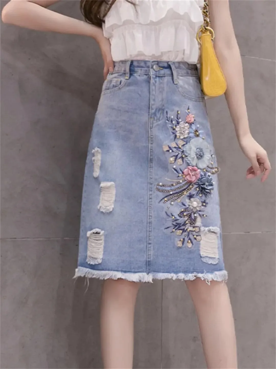 Women Style Hole Flower Denim Skirts Mid Length Back Split Skirts