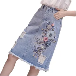 Women Style Hole Flower Denim Skirts Mid Length Back Split Skirts