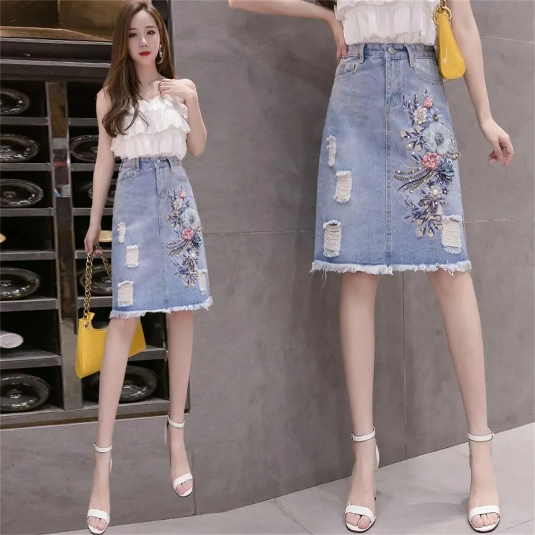 Women Style Hole Flower Denim Skirts Mid Length Back Split Skirts