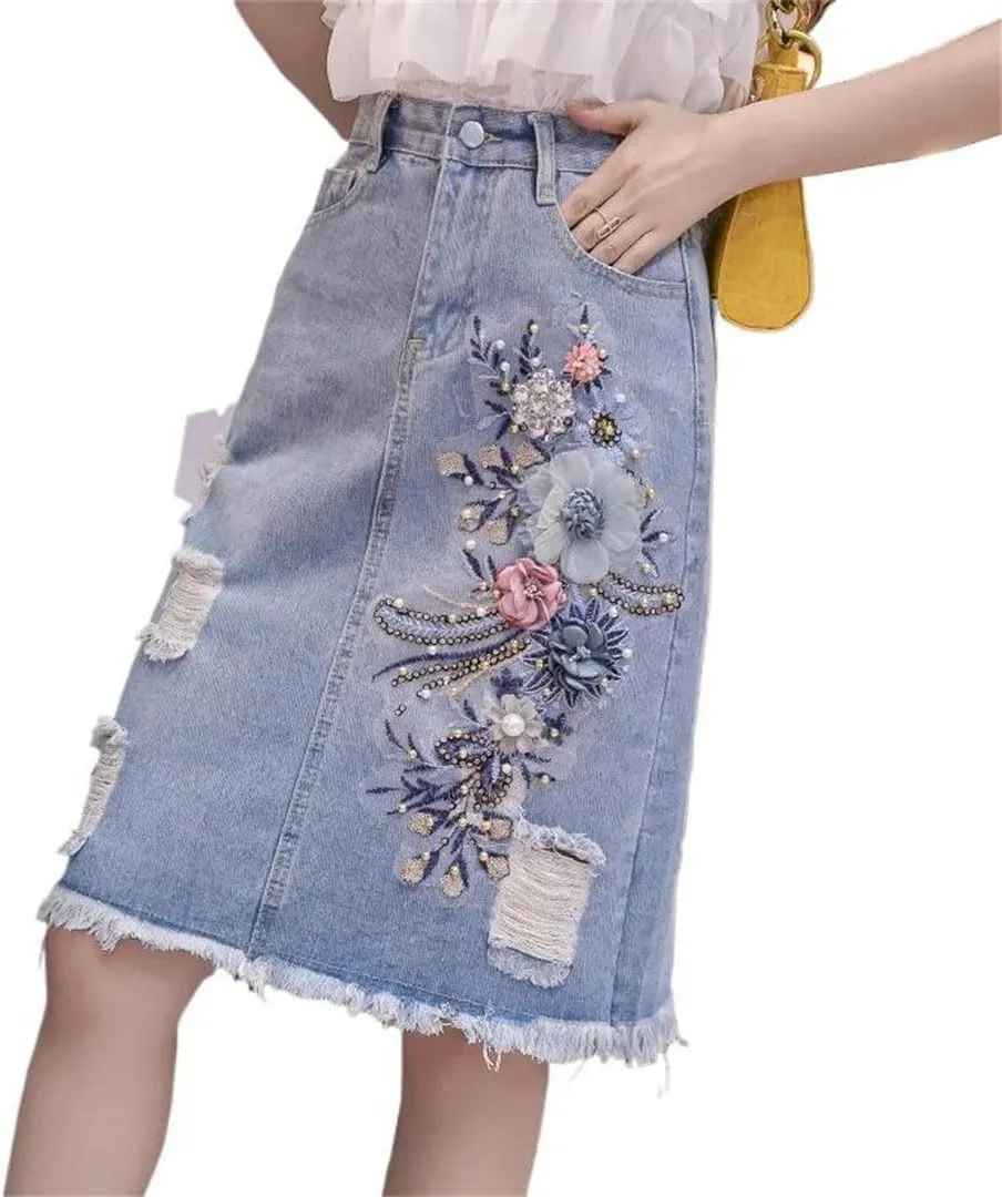 Women Style Hole Flower Denim Skirts Mid Length Back Split Skirts