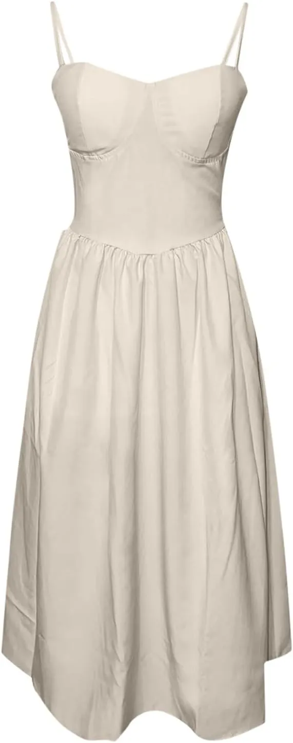 Women Summer 2025 Maxi Dress Spaghetti Strap Back CRIS Cross Flowy Pleated Hem Corset Skirt Church Work Dresses Outfits