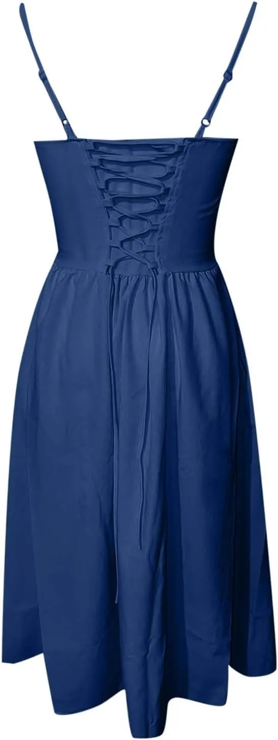 Women Summer 2025 Maxi Dress Spaghetti Strap Back CRIS Cross Flowy Pleated Hem Corset Skirt Church Work Dresses Outfits