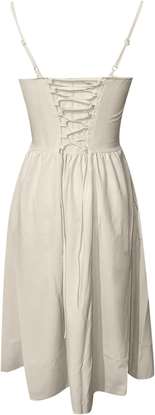 Women Summer 2025 Maxi Dress Spaghetti Strap Back CRIS Cross Flowy Pleated Hem Corset Skirt Church Work Dresses Outfits