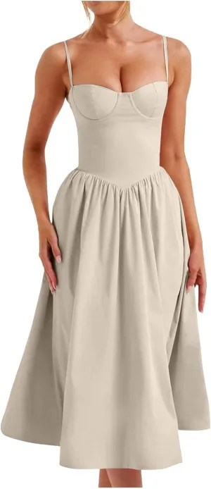 Women Summer 2025 Maxi Dress Spaghetti Strap Back CRIS Cross Flowy Pleated Hem Corset Skirt Church Work Dresses Outfits