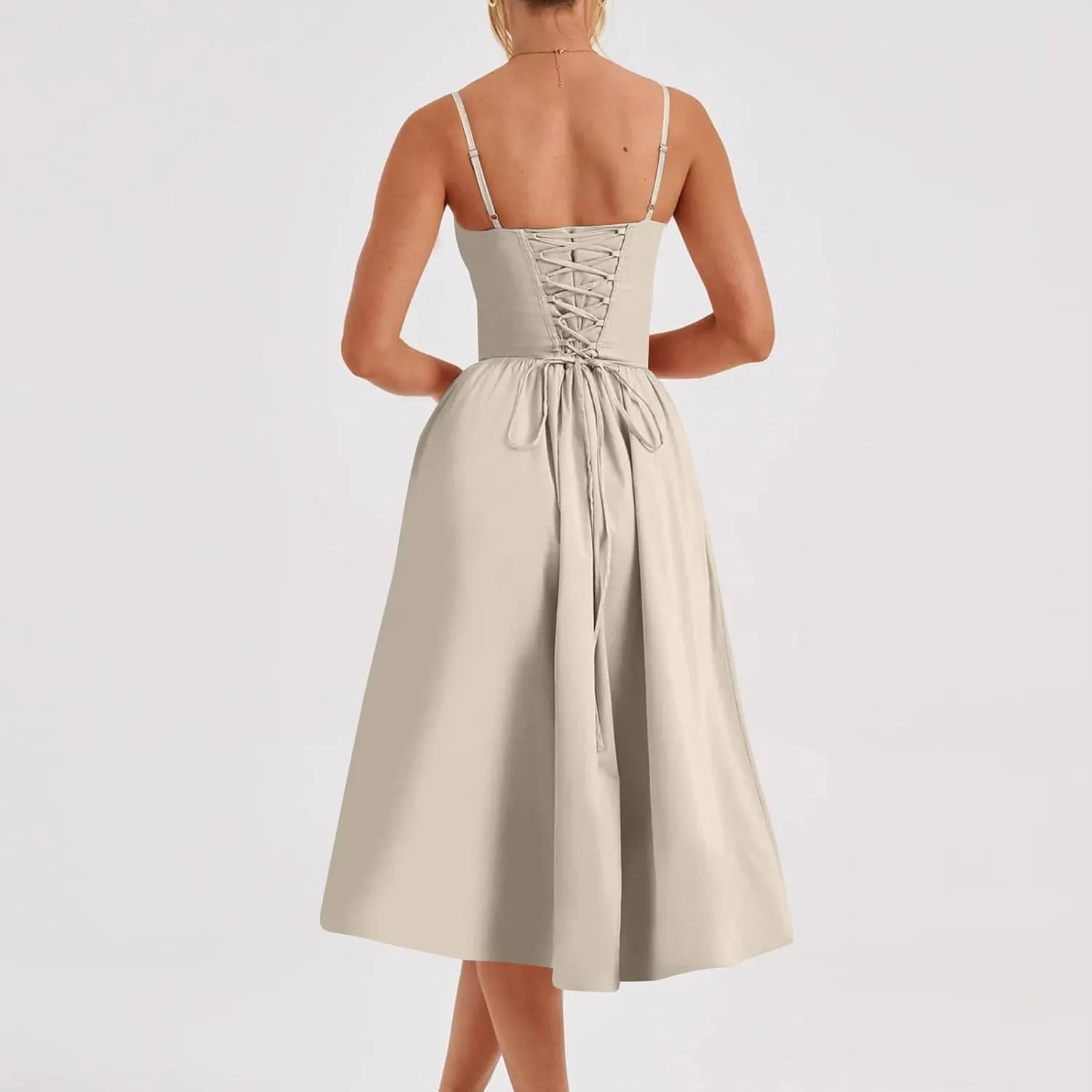 Women Summer 2025 Maxi Dress Spaghetti Strap Back CRIS Cross Flowy Pleated Hem Corset Skirt Church Work Dresses Outfits