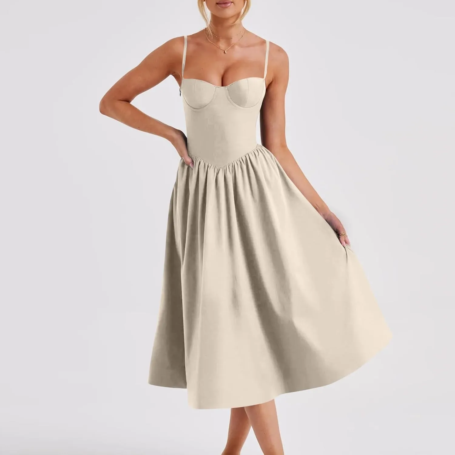 Women Summer 2025 Maxi Dress Spaghetti Strap Back CRIS Cross Flowy Pleated Hem Corset Skirt Church Work Dresses Outfits