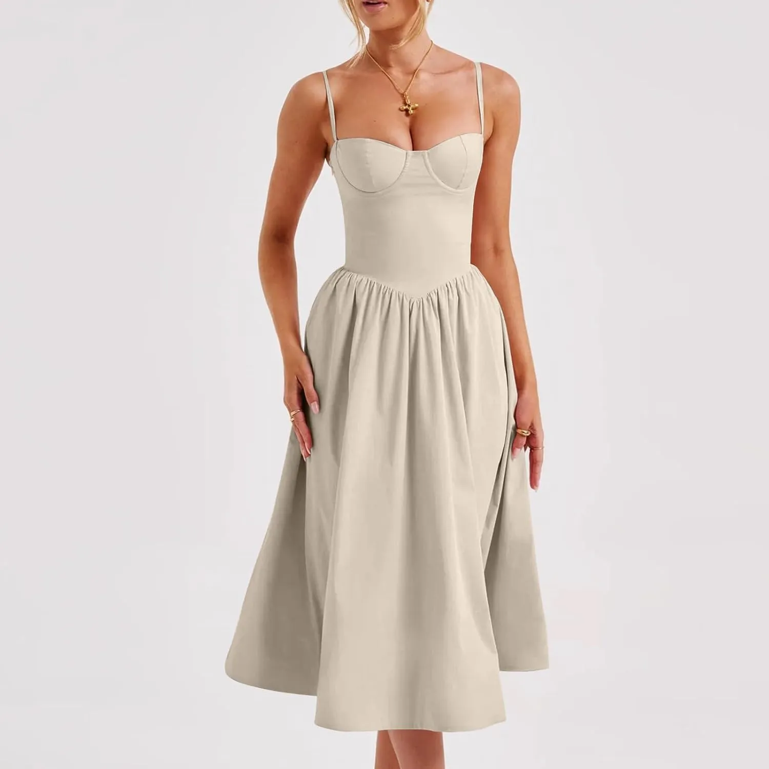 Women Summer 2025 Maxi Dress Spaghetti Strap Back CRIS Cross Flowy Pleated Hem Corset Skirt Church Work Dresses Outfits