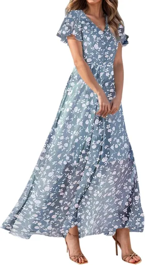 Women Summer Dresses High Waist Maxi Dress Chiffon Ruffle Sleeve Bohemian Dresses Vneck Tea Party Dress