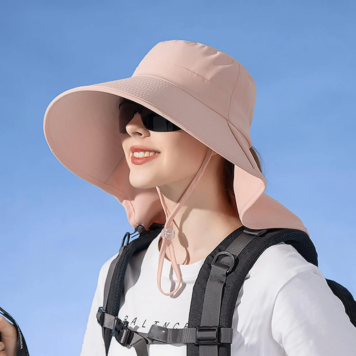 Women Summer Wide Brim Shawl Sun Hats Sunscreen Fisherman Cap Outdoor Travel Ponytail Hole Visors Hat with Strings