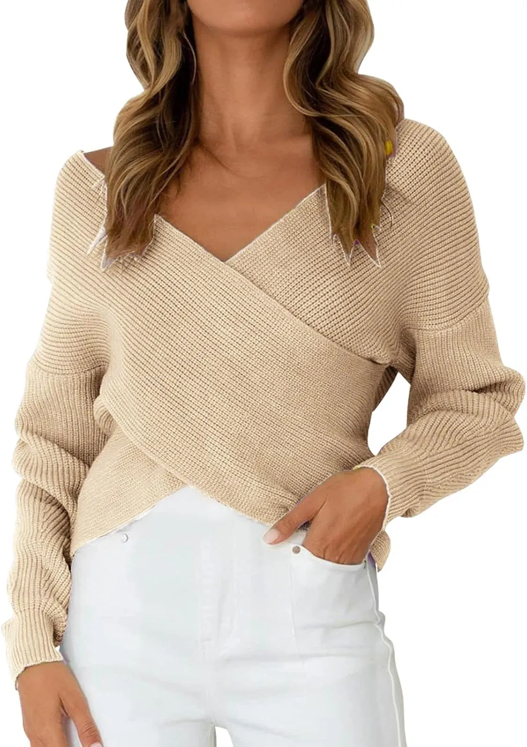 Women Sweater Cable Knit Solid Color V Neck Long Sleeve Soft Casual Lightweight Pullover Tops