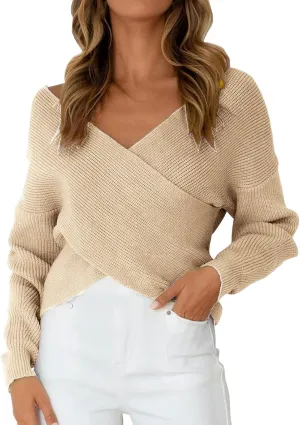 Women Sweater Cable Knit Solid Color V Neck Long Sleeve Soft Casual Lightweight Pullover Tops