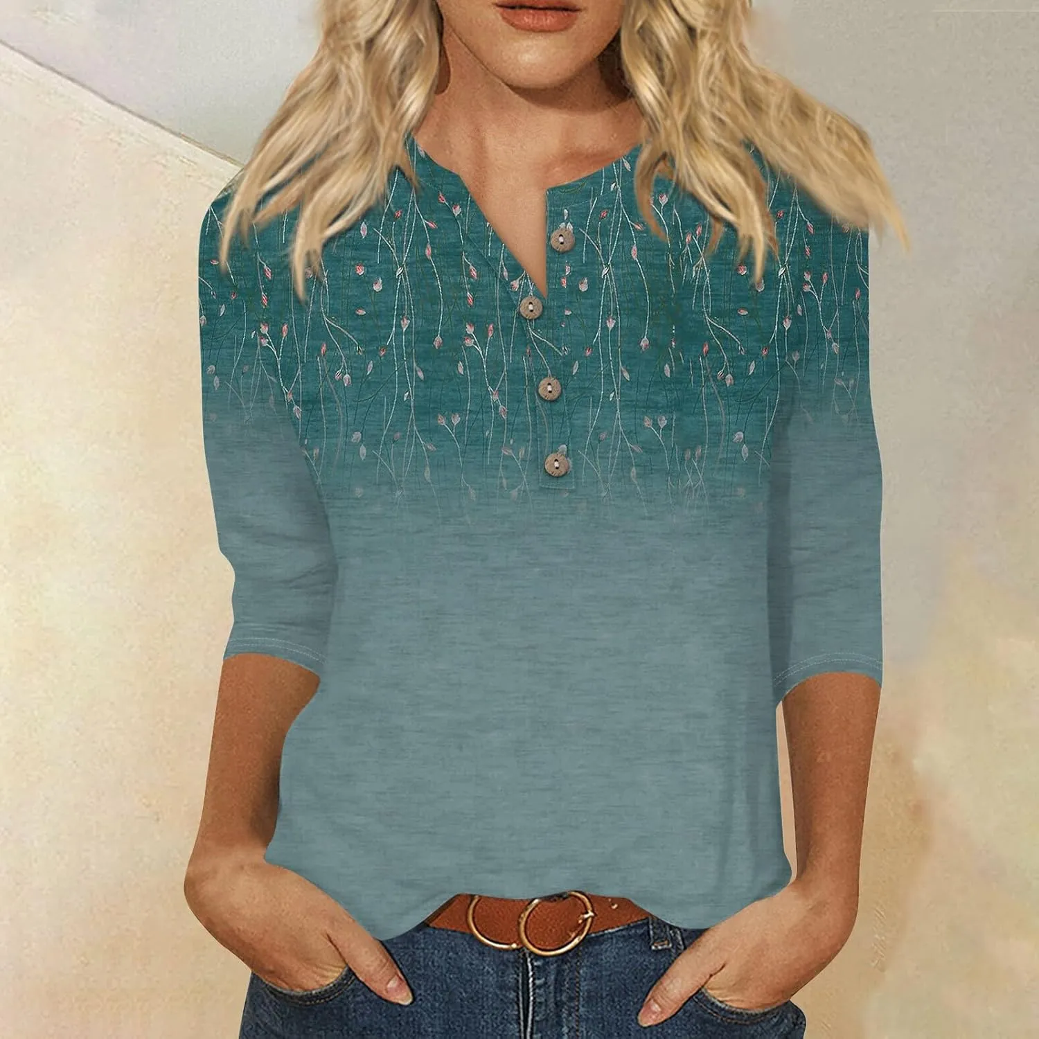 Women Tops Dressy Casual 3/4 Sleeve Button Down Henley Shirts Floral Print Blouses Spring Fashion 2025