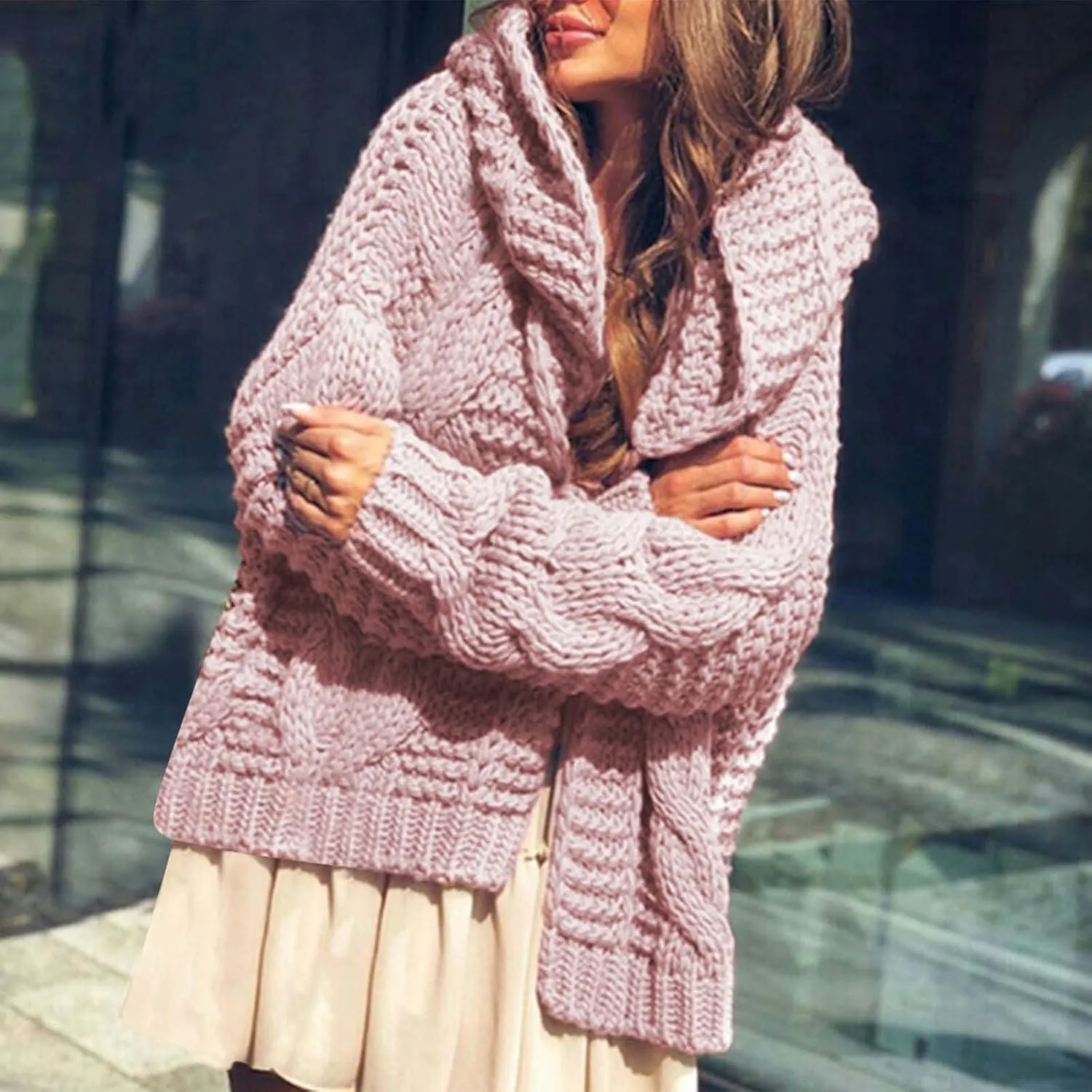 Womens 2024 Fall Winter Clothes Open Front Chunky Knit Hoodies Sweater Loose Long Sleeve Cardigan Casual Outwear Coat