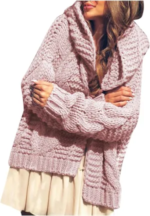 Womens 2024 Fall Winter Clothes Open Front Chunky Knit Hoodies Sweater Loose Long Sleeve Cardigan Casual Outwear Coat