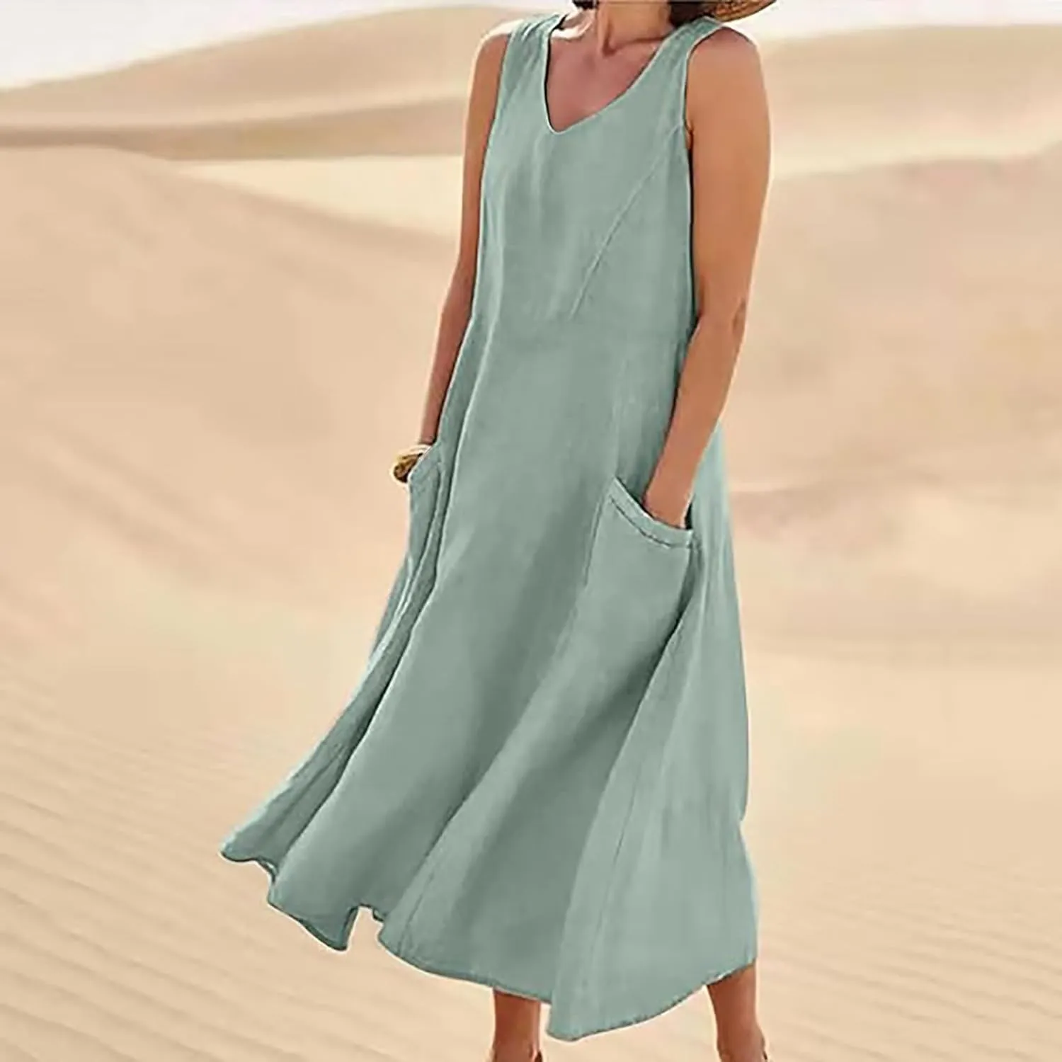 Womens 2025 Elegant Ruffle Sleeve Flared Pocket Dress Splice Loose Dress Flutter Short Sleeve V Neck Button Down