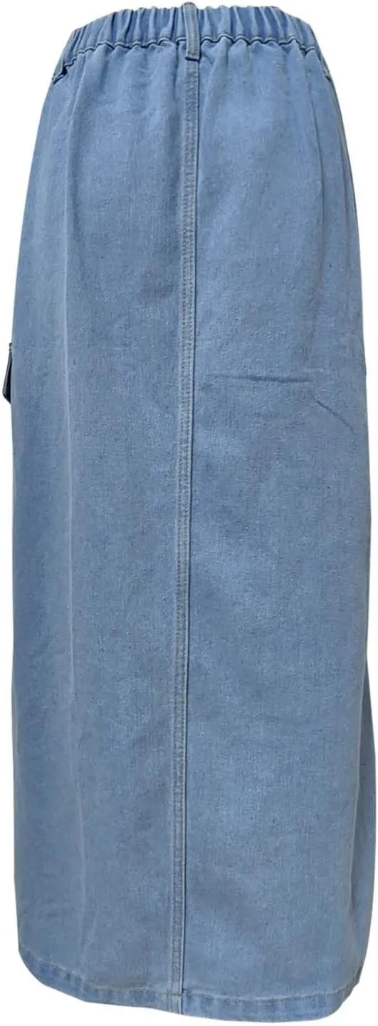 Womens 2025 Summer High Waisted Denim Skirt Button Front Split Hem Stretch Bodycon Midi with Pockets Frayed Edge