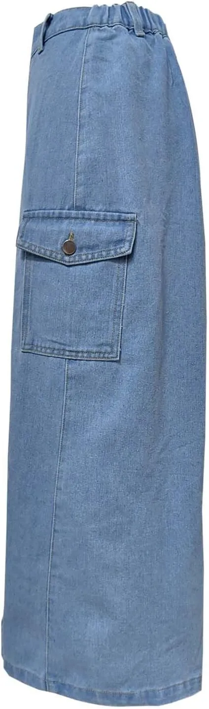 Womens 2025 Summer High Waisted Denim Skirt Button Front Split Hem Stretch Bodycon Midi with Pockets Frayed Edge