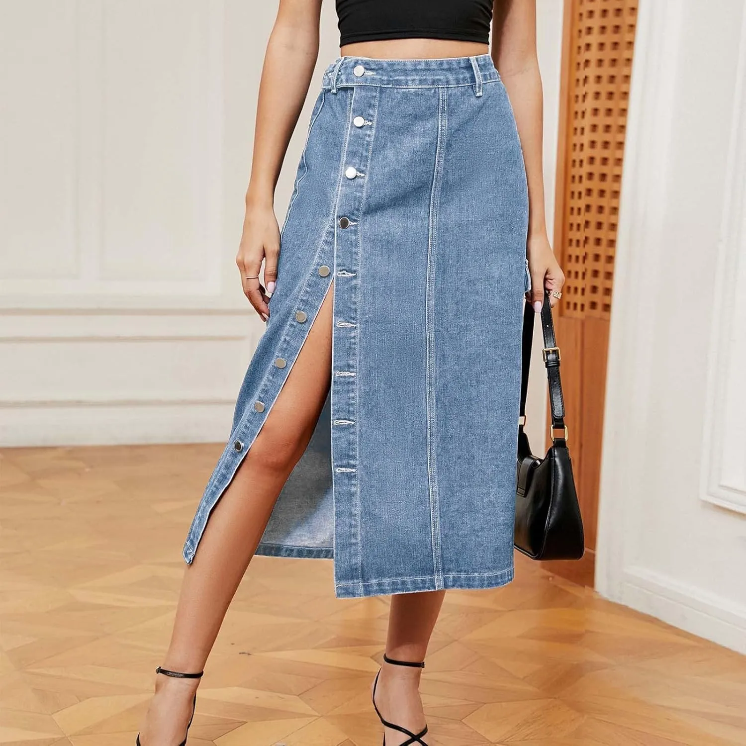 Womens 2025 Summer High Waisted Denim Skirt Button Front Split Hem Stretch Bodycon Midi with Pockets Frayed Edge
