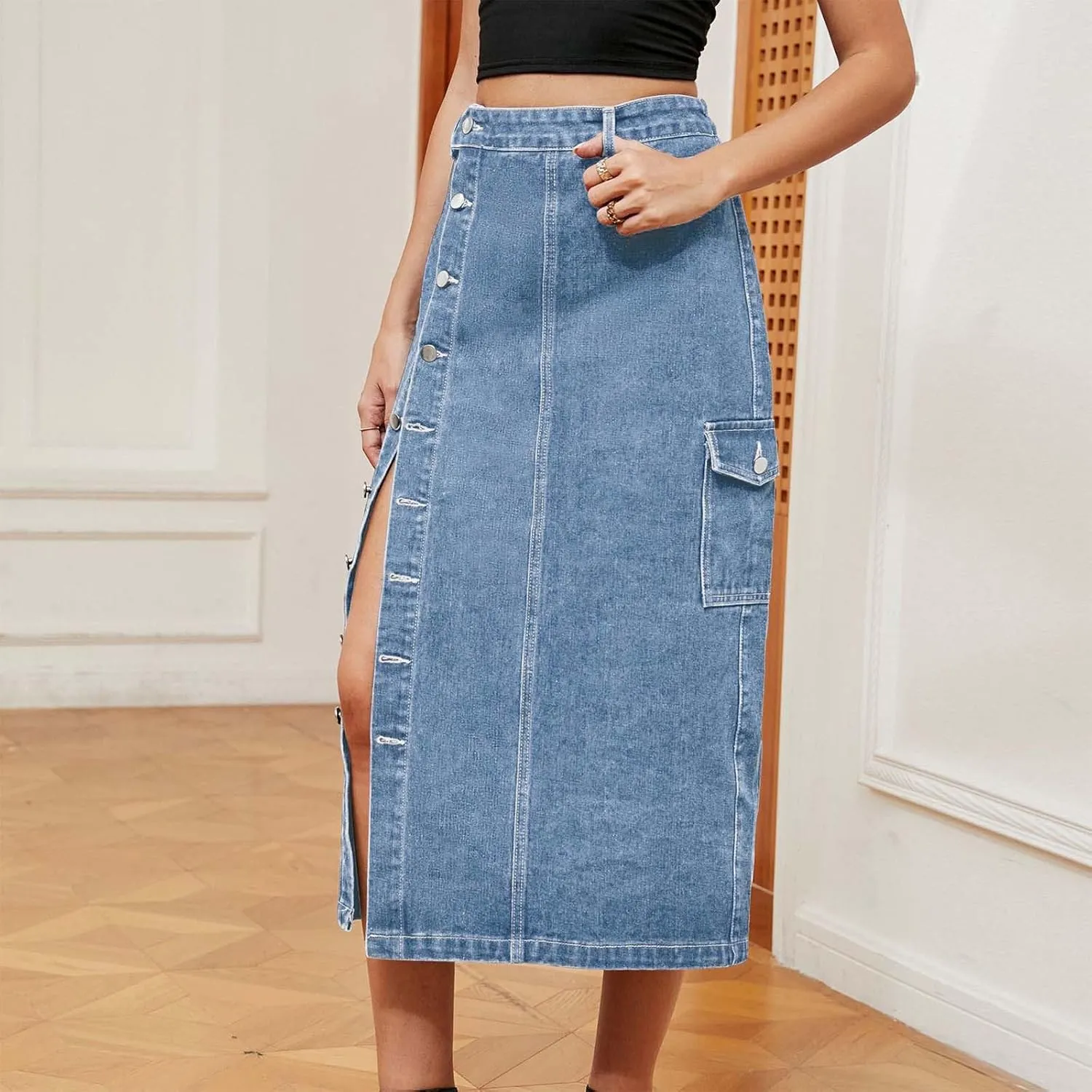 Womens 2025 Summer High Waisted Denim Skirt Button Front Split Hem Stretch Bodycon Midi with Pockets Frayed Edge