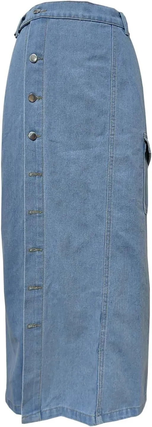 Womens 2025 Summer High Waisted Denim Skirt Button Front Split Hem Stretch Bodycon Midi with Pockets Frayed Edge