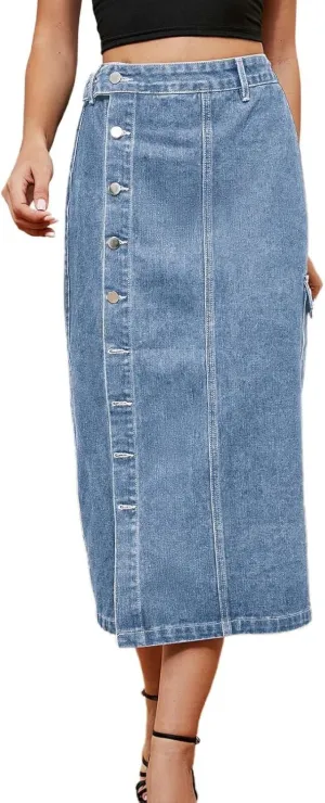Womens 2025 Summer High Waisted Denim Skirt Button Front Split Hem Stretch Bodycon Midi with Pockets Frayed Edge
