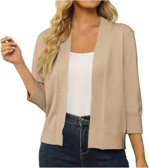Women's 3/4 Sleeve Cropped Cardigan Sweater Open Front Solid Knitted Short Shrugs Cardigans Lightweight Sweaters