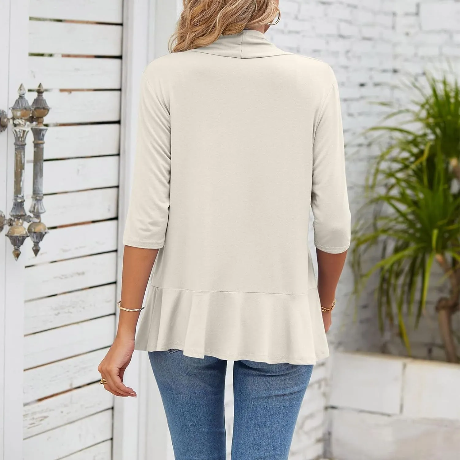 Women's 3/4 Sleeves Open Front Cardigan Lightweight Casual Draped Ruffles Knit Cardigan Sweaters Loose Blouse Tops