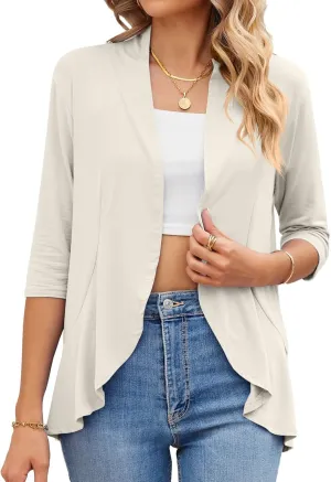 Women's 3/4 Sleeves Open Front Cardigan Lightweight Casual Draped Ruffles Knit Cardigan Sweaters Loose Blouse Tops