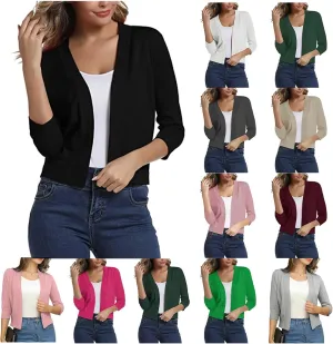 Womens Basic 3/4 Sleeve Open Front Cropped Cardigans Shrug Bolero Knit Sweater Tops Solid Classic Lightweight Coat