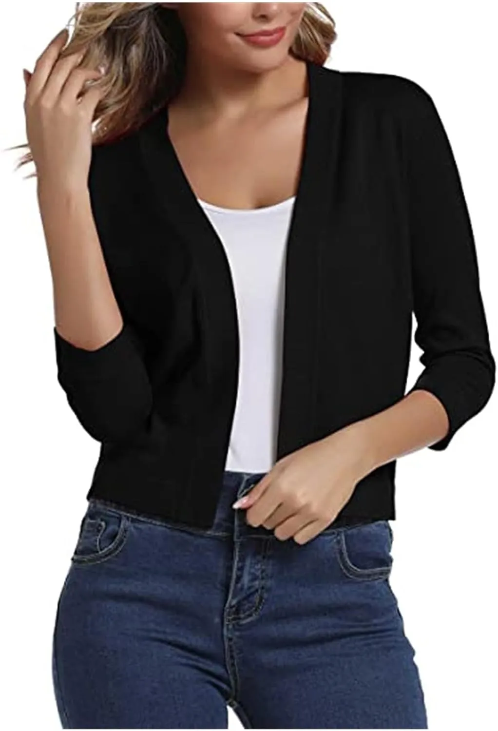 Womens Basic 3/4 Sleeve Open Front Cropped Cardigans Shrug Bolero Knit Sweater Tops Solid Classic Lightweight Coat