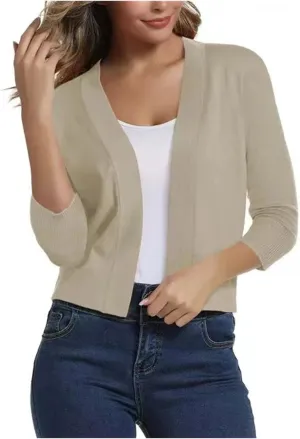 Womens Basic 3/4 Sleeve Open Front Cropped Cardigans Shrug Bolero Knit Sweater Tops Solid Classic Lightweight Coat