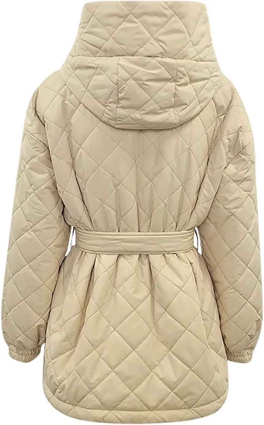 Women's Belted Quilted Puffer Jackets 2024 Trendy Down Coats With Hood Winter Warm Lightweight Outfits with Pockets