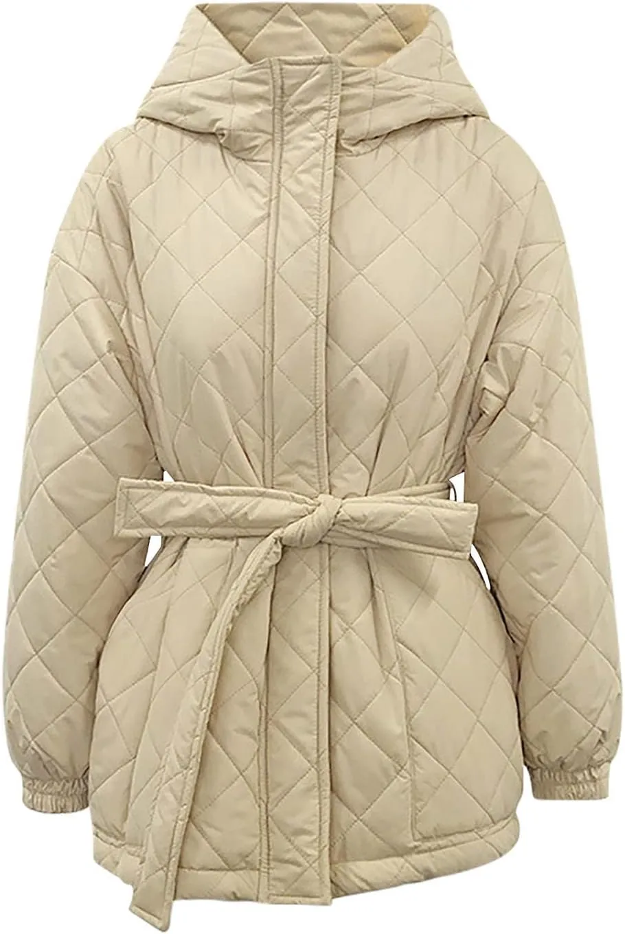 Women's Belted Quilted Puffer Jackets 2024 Trendy Down Coats With Hood Winter Warm Lightweight Outfits with Pockets
