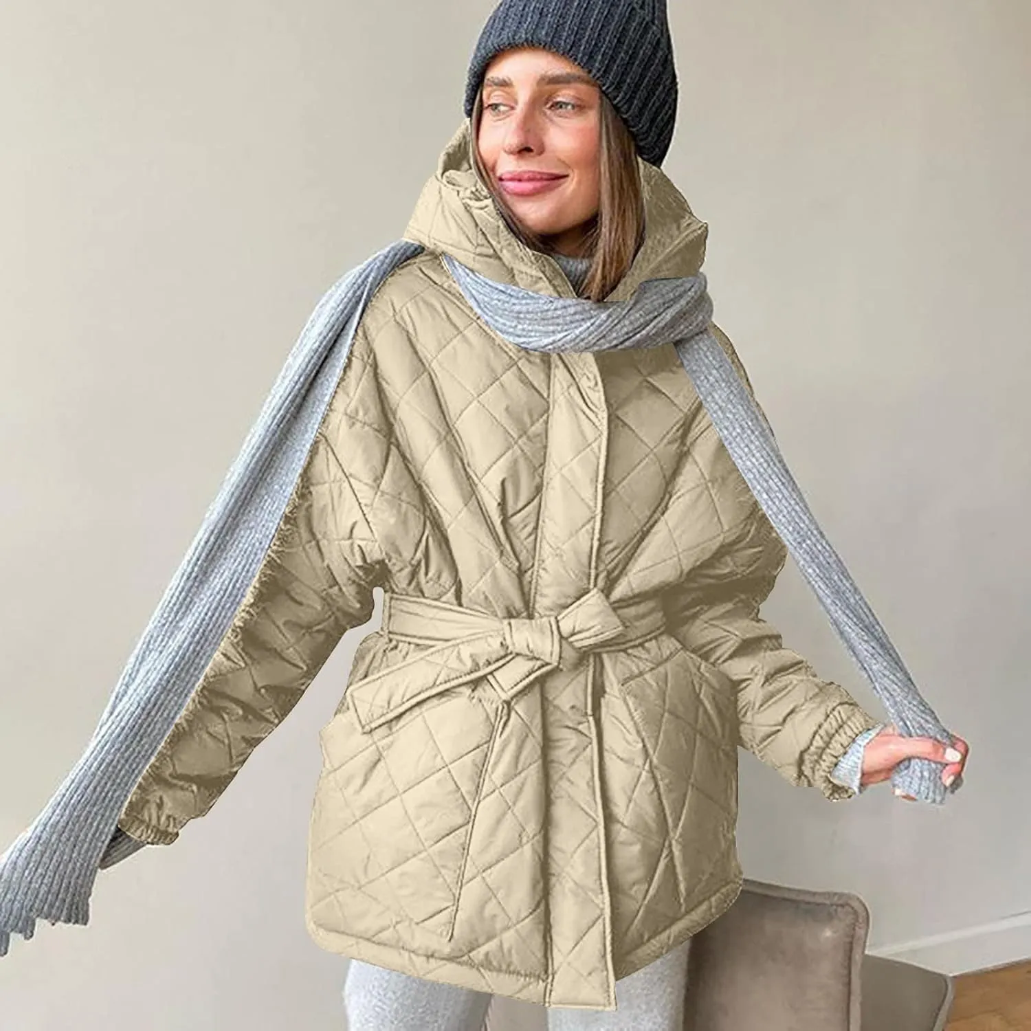 Women's Belted Quilted Puffer Jackets 2024 Trendy Down Coats With Hood Winter Warm Lightweight Outfits with Pockets