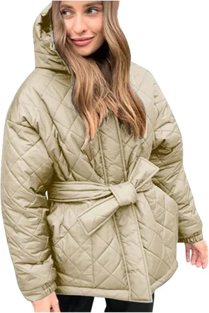 Women's Belted Quilted Puffer Jackets 2024 Trendy Down Coats With Hood Winter Warm Lightweight Outfits with Pockets