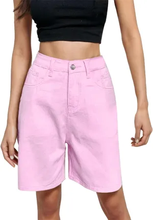 Womens Bermuda Shorts Casual Summer High Waisted Shorts Straight Leg Knee Length Jeans Twill Shorts with Pockets