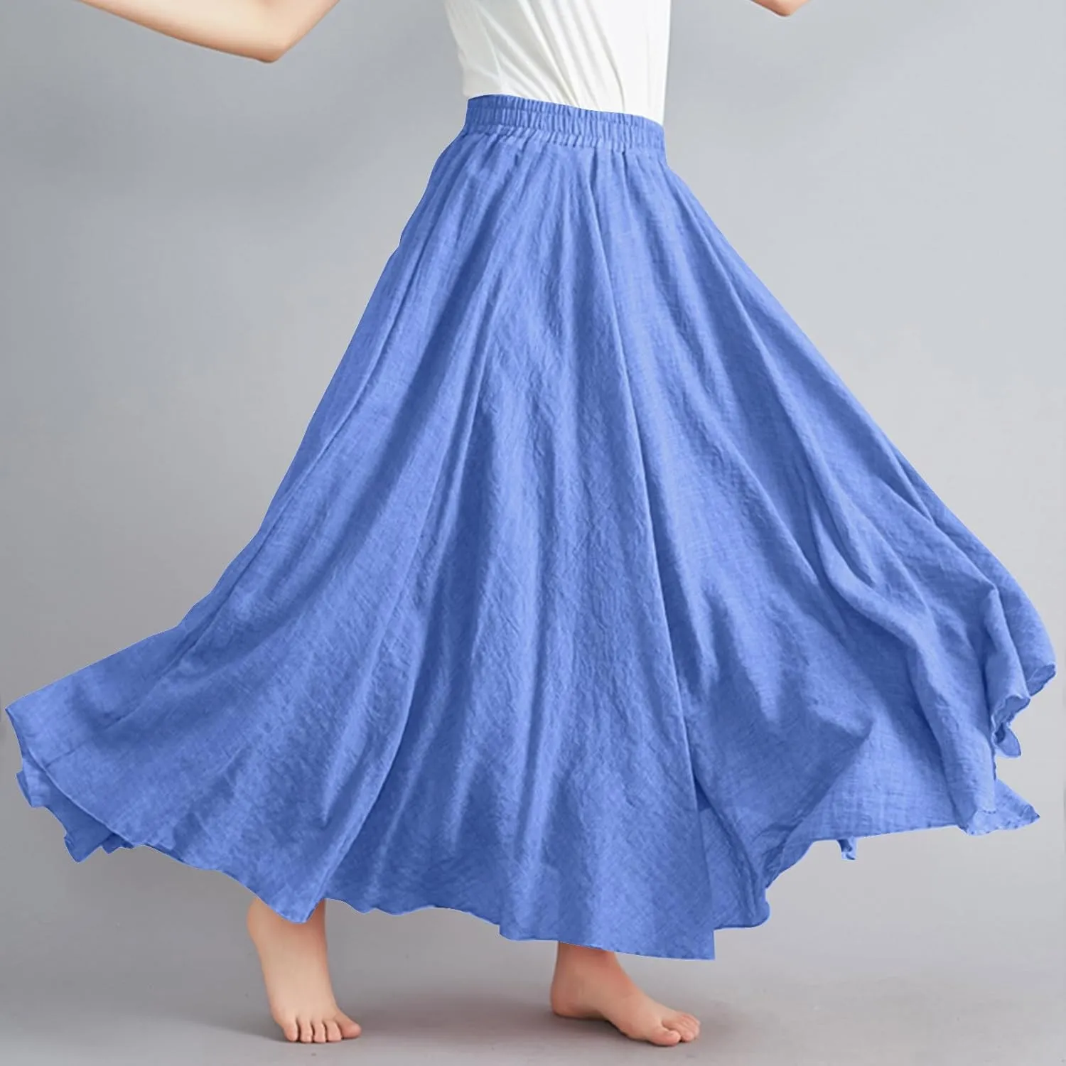 Women's Bohemian Style Linen Skirt Elastic High Waist Loose Casual Long Maxi Skirt Dress Summer Beach Boho Skirts