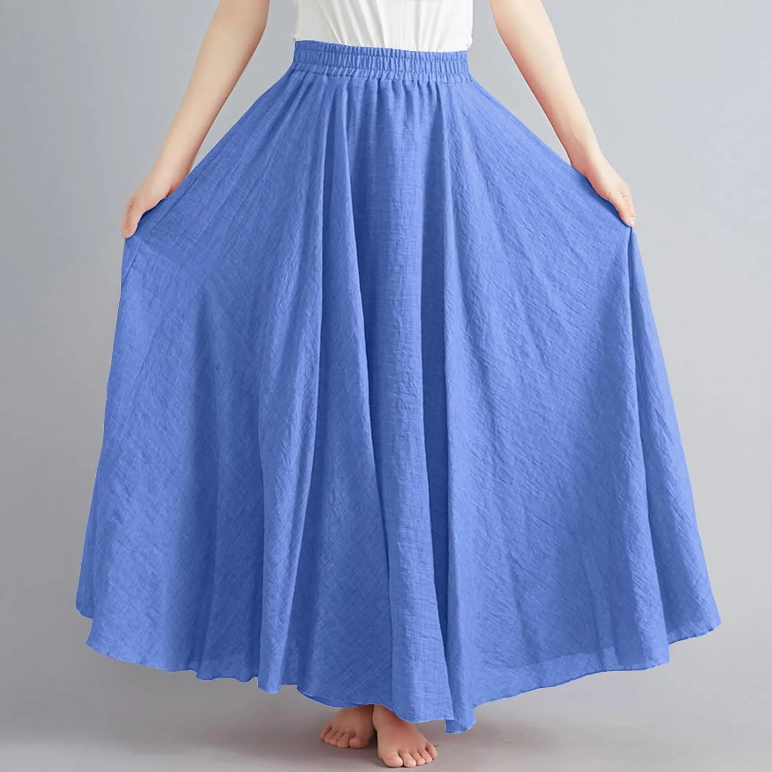 Women's Bohemian Style Linen Skirt Elastic High Waist Loose Casual Long Maxi Skirt Dress Summer Beach Boho Skirts