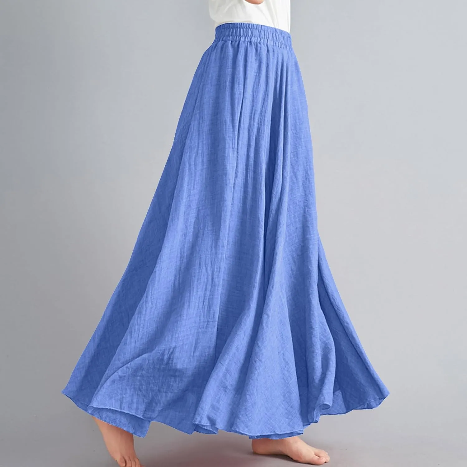 Women's Bohemian Style Linen Skirt Elastic High Waist Loose Casual Long Maxi Skirt Dress Summer Beach Boho Skirts